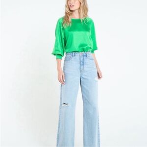 H&M Vibrant Green Satin Tie Back Balloon Sleeve Blouse